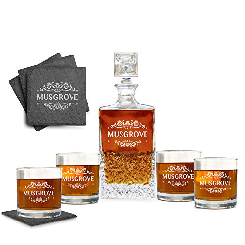 Classic Design Engraved Decanter Set For Men, Personalized Decanter Set With Glasses And Coasters, Engraved Decanter, Glasses And Coaster For Men
