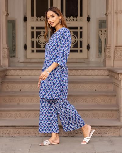 Image of LookMark Women Viscose Rayon Floral Printed Stitched Kurta with Pant | Blue Color Kurta Set | Kurta with Pant Set for Woman | Printed Kurta Set