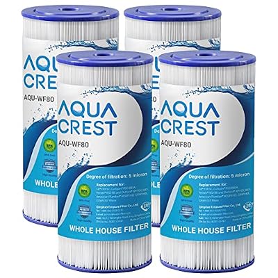 AQUA CREST FXHSC Whole House Water Filter Replacement for GE® FXHSC, GXWH40L, GXWH35F, American Plumber W50PEHD, W10-PR, Culligan® R50-BBSA, 5 Micron 10" x 4.5", High Flow Sediment Filters, Pack of 4