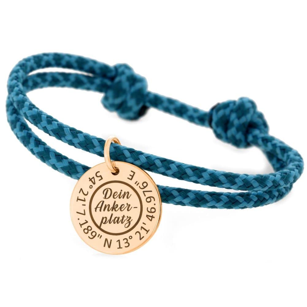 Segelseil Armband mit Silberanhänger Gravur maritim Surfer blau Herrenarmband Koordinaten Schmuck Männerarmband Größenverstellbar Segelseilarmband personalisierbar Text 925 Silber Geschenk Freund Sohn