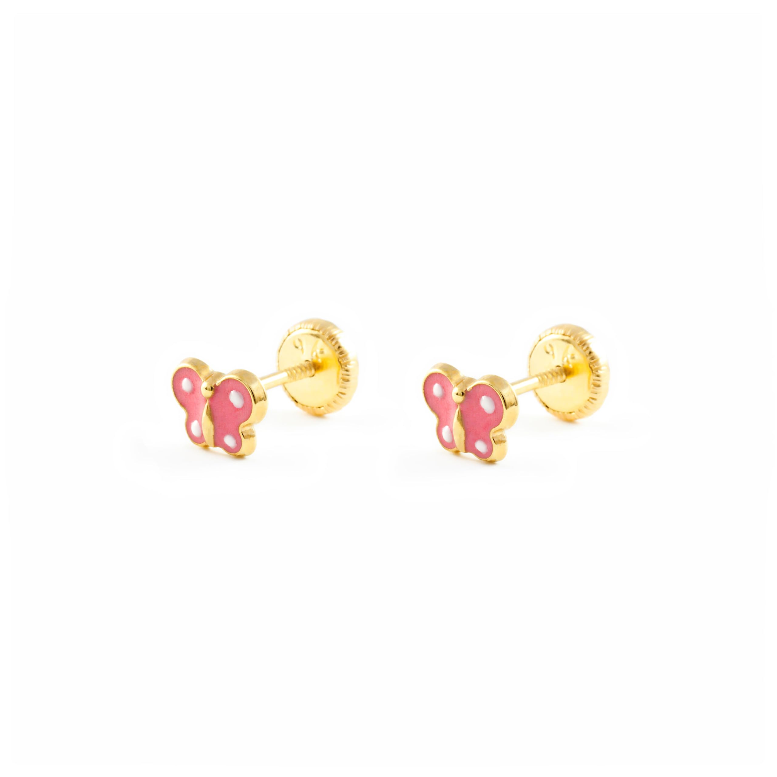 Damen & Kinder rosa Schmetterlings Ohrstecker - Gelbgold 9 Karat (375) - Geschenkbox - Garantiezertifikat