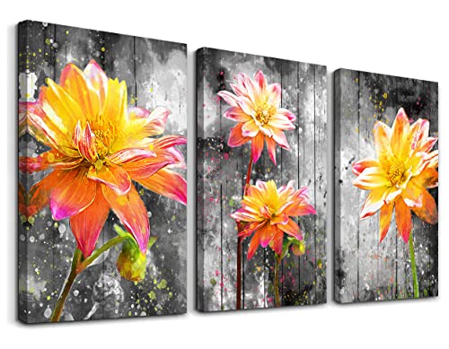 Flower Wall Art Floral Art Canvas Wall Art for Bedroom Decor Bathroom Decorative Daisy Wall Pictures Lotus Wall Art Painting Canvas Prints for Living Room Office Artwork Golden Wall Decor 12"x16"x3