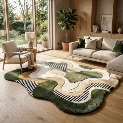 Image of Tauhid Carpet Super Soft Microfiber Shaggy Area Rug | Modern Irregular Abstract Olive Green Beige & Ivory Plush Carpet | Fluffy Floor Rug for Living Room, Bedroom 6 x 8 Feet.