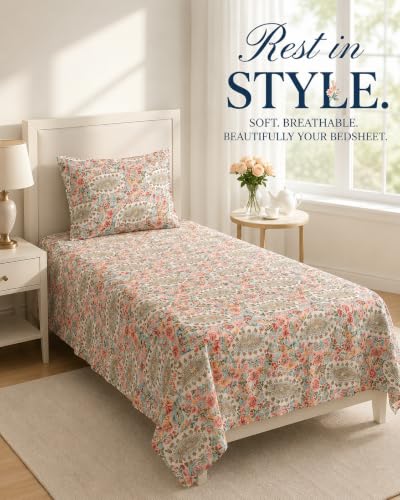 Image of VAS COLLECTIONS 240 TC Premium Cotton Single Bedsheet, Soft Breathable Comfortable Floral Printed Bed Sheet, Elegant Durable Bedding for Bedroom, Easy Care Single Bed Cover,60 x 90 Inches - Warm Sand