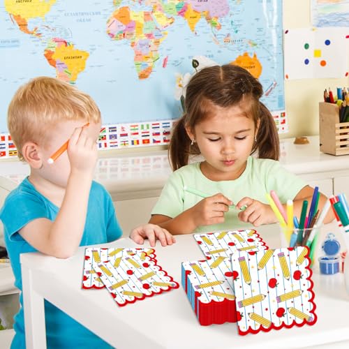 Image of Whaline 100 Pcs Back to School Cocktail Napkins Scalloped Disposable Paper Napkin Apples Pencil Notebook Beverage Dessert Napkin for Party Supplies Table Decor