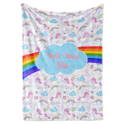 Personalized Rainbow Unicorn Throw Blanket for Girls and Boys with Custom Name, Cute Soft Bedding for Nursery Room or Tummy Play, Warm and Plush (Fleece 30x40)