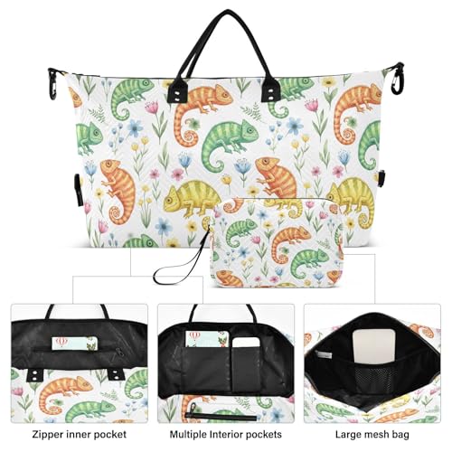 Colorful Chameleon Flowers Travel Duffel Bag for Men Women with Makeup Bag Weekend Overnight Carry On Bags for Airline Under Seat Travel2