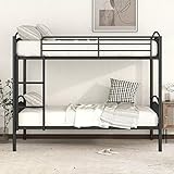 Twin Over Twin Modern Bunk Bed, Heavy Duty Steel Bed Frame with Ladder and Safety Rail, Metal Bunk B