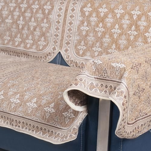 Image of Premium Chenille Woven Anti-Slip 2 Seater Sofa Cover with Arm Rest | L-Shape Sofa Seat Protector for Living Room | Durable & Stylish Slipcover - Copper Brown - Floral