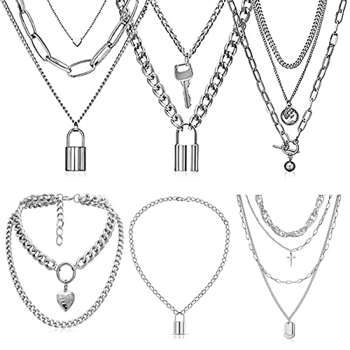 Floatdream 6 Piezas Collar, Collar de cadena punk, Conjunto de collar, para Actividades de Regalo, Bodas, Bendiciones para Empleados, Fiestas, Fiestas de Baile, Disfraces, Unisex(Plata)