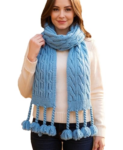 NEOSAN Women's Knit Scarf Winter Neck Warm Long Ribbed Thick Scarves Fashion Tassel Scarf Two Tone Blue Ashes