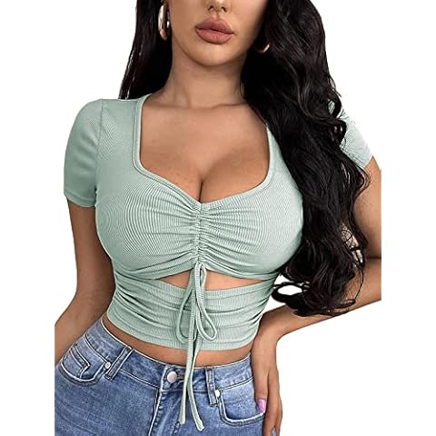 Women's Summer Sexy Crop Top Ruched Y2K V Neck Slim Short Sleeve Casual Basic Knit T Shirt Workout Tops Cover