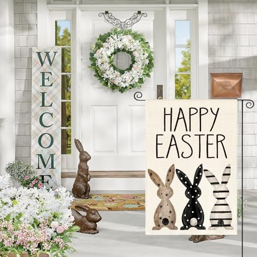 Drapeau de jardin lapins de Pâques double face Happy Easter décor extérieur - 4