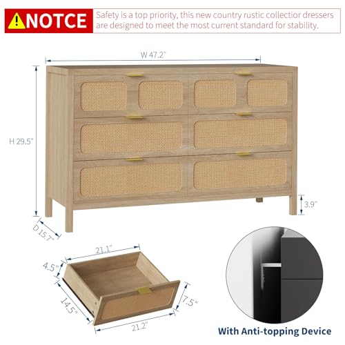 6 Drawer Dresser, Rattan Dresser for Bedroom with Metal Handles, Farmhouse Wood Storage Chest of Drawers for Bedroom, Living Room, Hallway, Entryway, Oak