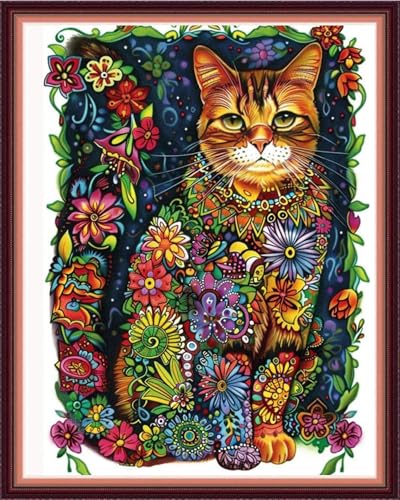 Image of Funxvoot Stamped Cross Stitch Kits for Beginners or Adults Embroidery Starter Patterns | DIY Printed Cross Stitch Kits Needlepoint for Adults or Kids 11CT-Colorful Flower Cat 16x20 inch