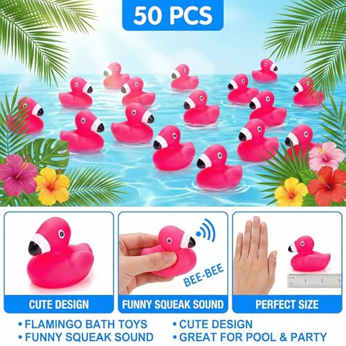 Image of Goaste 50 Pieces Flamingo Rubber Ducks Bulk, Pink Flamingo Bath Toys, Cute Floating Squeaky Bathtub Ducks for Baby Shower, Birthday Party, Cake Decoration, Classroom Prizes