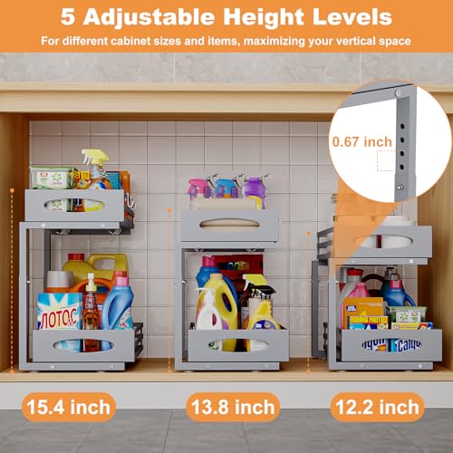 Image of Under Sink Organizer, 2 Tier Under Sink Organizers and Storage, Adjustable Height, Slide out Metal Cabinet Organizers, Pull out Cabinet Storage Drawer Shelf for Kitchen Bathroom (Gray, 1 Pack)