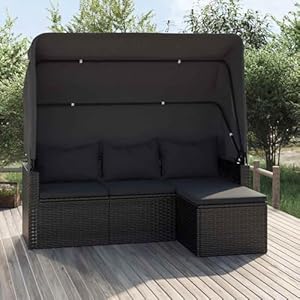 Homgoday 3-Sitzer-Gartensofa mit Dach & Fußhocker - Schwarz, PE-Rattan, 178x64x151, 5 cm - Sonnenschutz & Komfort Terrassensofas, Gartenmöbel Model362334