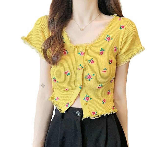 Image of ICW Women's Korean Style Round Neck Half Sleeve Button-Up Floral Knitted Crop Top T-Shirt for Girls DN286 (One Size Fit XS-S)