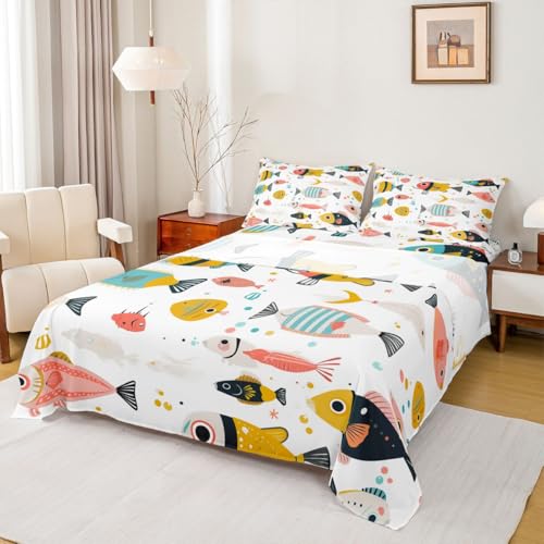 Image of jejeloiu Fish Bed Sheets Set Full Size Ocean Sea Animal Deep Pocket Fitted Sheet Colorful Bedding Sets Marine Theme Soft Bed Set 4Pcs with 2 Pillow Cases