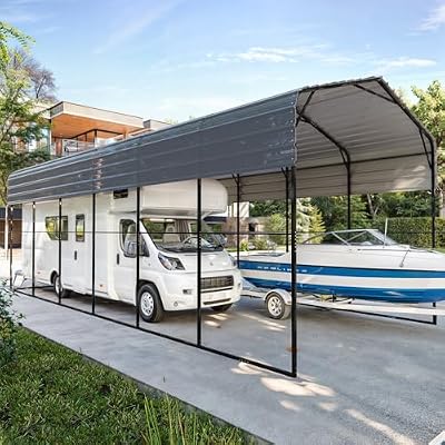 EROMMY 14x30 FT RV Carport, Heavy Duty Car-Port with Reinforced Metal Frame, Weather-Resistant Galvanized Steel Roof Shelters, Outdoor Car-Shed for RV, 2 Vehicles, Truck, Boat and SUV, Gray