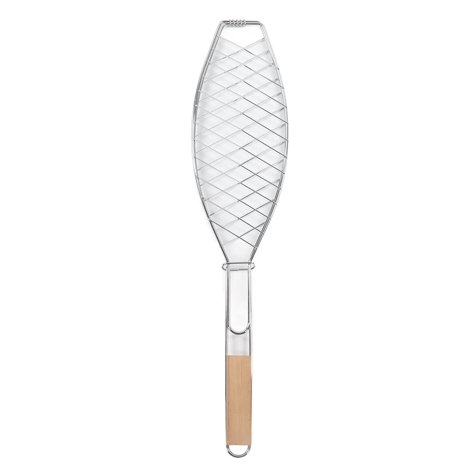 Griglia per pesce in acciaio inox, design compatto, per barbecue all'aperto, con manico, in legno di faggio, 1 unità