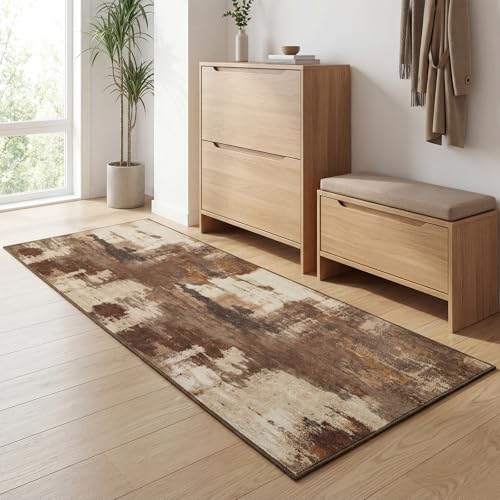 Merelax 2x6 Entryway Rug, Brown, Washable Abstract Non-Slip