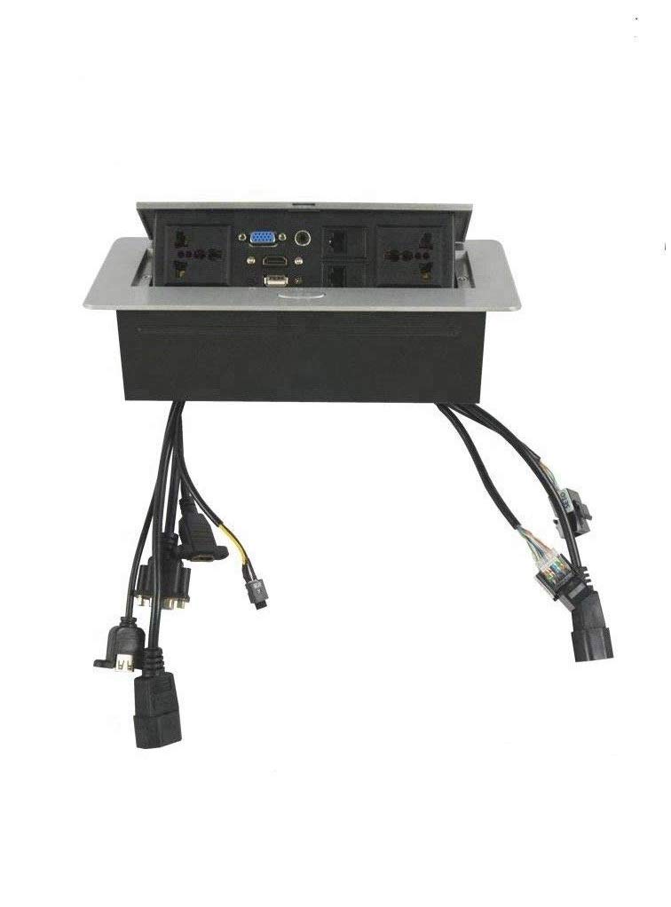 Shatech Conference Table Connectivity and Data Box HDMI VGA RJ45 USB 3.5 mm Audio Power Hidden Multimedia Desktop Socket (Silver)