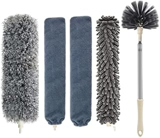 Homipooty 5Pcs Microfiber Feather Dusters for Cleaning with Stainless Steel Extension Pole, Bendable & Washable Telescopic Cobweb Long Duster Ceiling Fan, Gap, High Ceiling, Blinds, Furniture, Cars