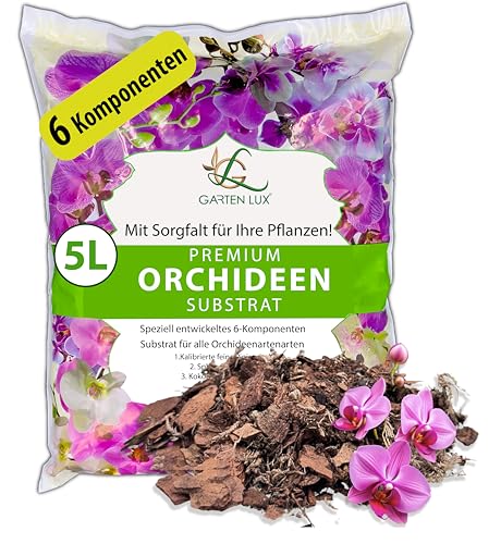 Garten Lux Premium Orchideenerde 5L-6-Komponenten Orchideensubstrat für gesundes Wachstum und optimale Pflege Ihrer Orchideenpflanzen-Ideales Substrat für alle Orchideenarten