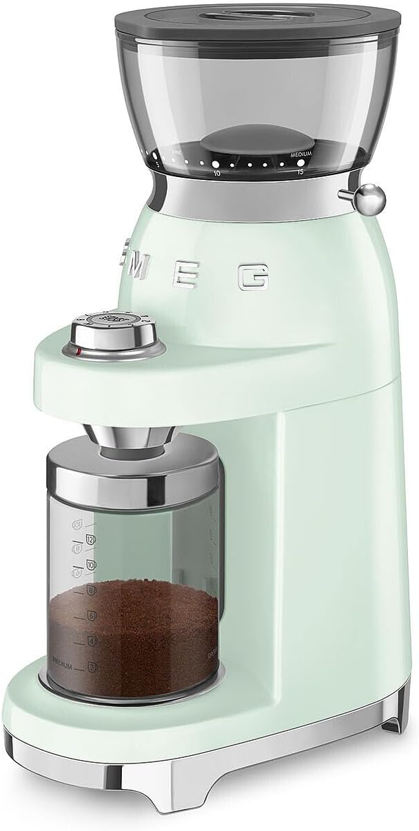 SMEG CGF03 Burr Coffee Grinder, Electric Conical Burr Grinder with 15 Grind Settings, 8 Presets, 240g Bean Hopper, Espresso, Moka & Drip Coffee Grinder, 50’s Retro Style (Pastel Green)