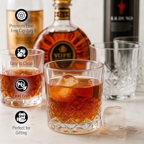 Image of Whiskey Glass Set - Whisky Glasses - Crystal Clear Tumbler Set for Scotch, Bourbon, Cocktails & Old Fashioned, 340 ml Stylish Heavy Base Glassware for Bar, Home, Party & Gift, WHISKEYGLASS 6 CRYST