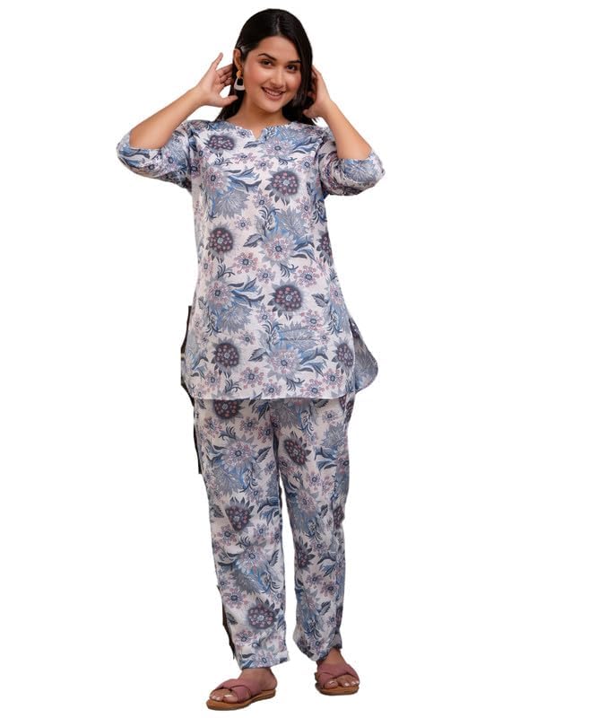 Image of Pure Cotton Printed Night Suit Set | Top Pyjama Set for Women | Night Dress of Kurta Pyjama Set for Women | Kurta Top Set
