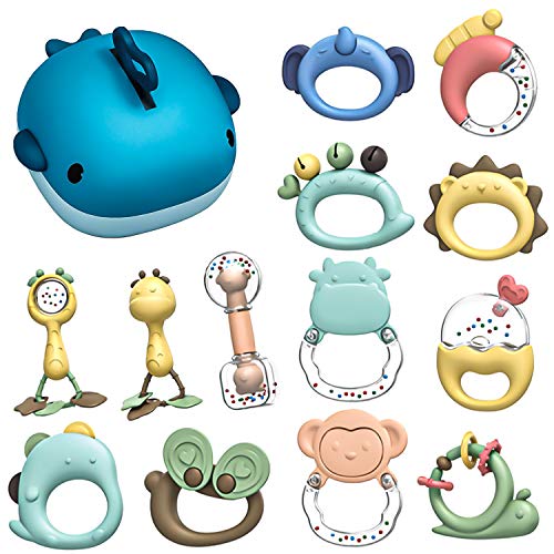 Image of Baby Rattle Toys 13 Pcs, Tinabless Infant Grab Shaker Teether and Spin Rattle Toy Early Educational Toys with Whale Gift Box for 3, 6, 9, 12 Month Newborn Girls, Boys, Halloween Christmas Gift