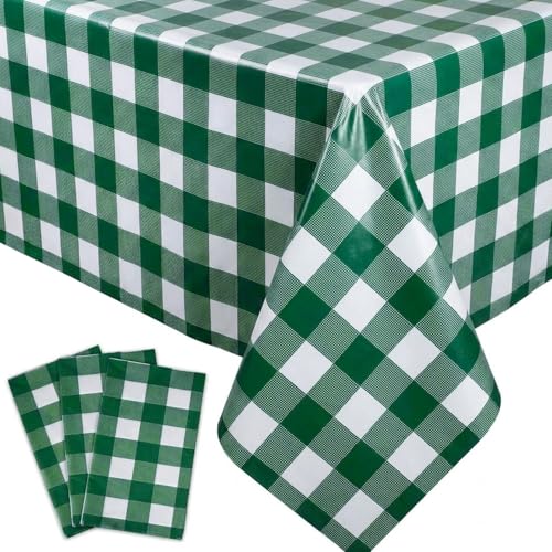 Image of Oigco 3 Pack Green and White Checkered Tablecloth 54 x 108 Inches, Rectangle Disposable Plastic Green Gingham Tablecloth, Picnic Table Cover for Outdoor, Christmas, Golf Birthday Decorations