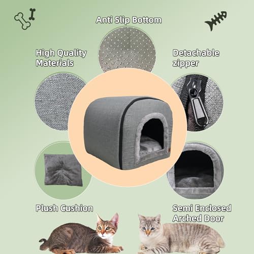 Whiwhi Katzenhöhle für Drinnen Katzen Höhlenbett mit Plüsch Katzenkissen Schlafhaus Haustierhaus Faltbares Hundehöhle 45x35x35cm(Grau)