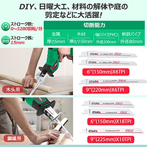 Rakutool 充電式 レシプロソー 電動のこぎり 家庭用 小型 2000mah 無段変速 18V バッテリー*2枚 ストローク数 3000（回/分） 粗大ごみ 枝切り 木工切断 DIY日曜大工 木材用ブレード3本 金属用ブレード3本 日本語取扱説明書 コードレス 収納ケース付き (GREEN·電動のこぎり) 5枚目