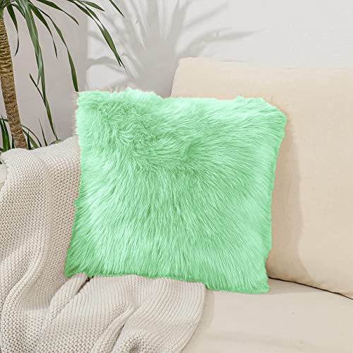 Image of Fur Cushion Pillow Cover for Set of 2 Pillow - 13x13 Inches (Light Green)