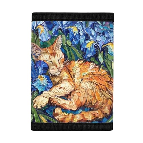 COEQINE Women Trifold Wallet With Orange Cats And Blue Iris Kawaii Cat Trifold Wallet Small Portable Travel Accessories