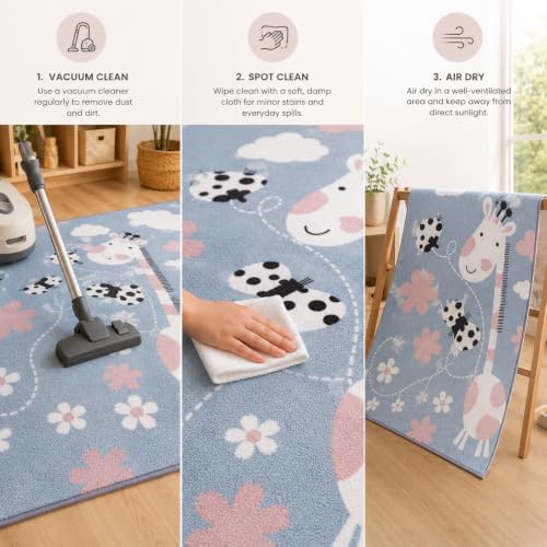Image of Matz&More Kids Play Area Rug | 100x150 cm | Blue Pink Cute Giraffe Garden Design| Soft Nylon Loop Pile Carpet with Anti-Slip Backing | Children's Play, Bed & Classroom Floorings