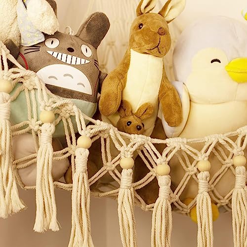 Image of Stuffed Animal Toy Storage Hammock with LED Light - Macrame Jumbo Doll Corner Stuff Animals Organizer Decorations - Cute Hanging Plushie Net Kids Baby Nursery Bedroom Room Decor (Pack of 2)