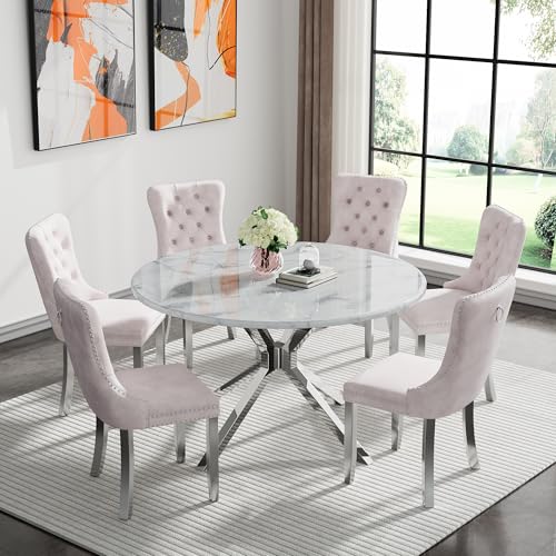 Image of 7-Piece Round Dining Table Set for 6, Modern Faux Marble Kitchen Table and Beige Velvet Chairs Set of 6, Luxury 45 inch Circle White Silver Dining Room Tables with Stainless Steel Cross Legs