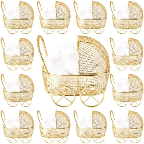 Image of Threehoney 12 Pcs Baby Shower Mini Carriage Decoration Metal Wired Fillable Small Stroller Table Decor Baby Shower Party Favor for Guest Gender Reveal Candy Centerpiece (Gold)