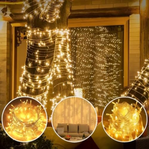 Cordão Pisca Natal 30m Branco Quente 300 Leds 8 Modos Luvinco 110v