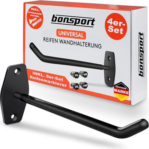 bonsport Wandhaken Reifen 4er Set - Belastbar bis 40kg - Autoreifen Wandhalterung für 4 Felgen - Reifenhalter Felgenhalter Wand Halterung - Reifen Aufhänge Garage
