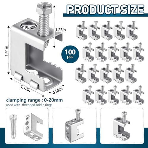 Image of Tandefio 100 Pcs 1 /4 inch-20 Spring Steel Beam Clamps Metal Beam Hangers Bolt on Clamp for Installation on Beams 1 /4 inch and 3 /8 inch Threaded Rod, S Hooks Bridle Rings for Pipe Cable Woodworking Tool (Silver)