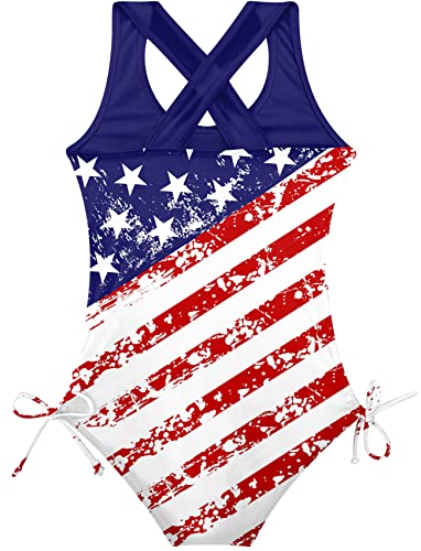 Image of BFUSTYLE Girls One Piece Swimsuit Cute Striped Bathing Suit Hawaii Swimwear July 4th 4-13 Years