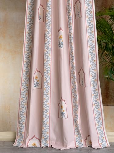 Image of Tranquebar Curtain Co. Window Curtains 5 Feet, 60-65% Room Darkening,Multi Peach Mughal Print, Cotton Curtains for Window, Cotton Curtains 5 Feet Long Set of 2, BackTab Loops,Noor (152 cm) - Set of 2