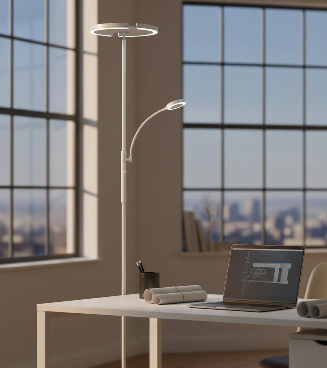 BEL AIR HOME - Lámpara de Pie de Salón IRIS - Led 20W+7W con Dimmer, 3000K 4000K 6500K, Diseño Moderno, Protección Ocular y Altura de 175.8cm (BLANCO)