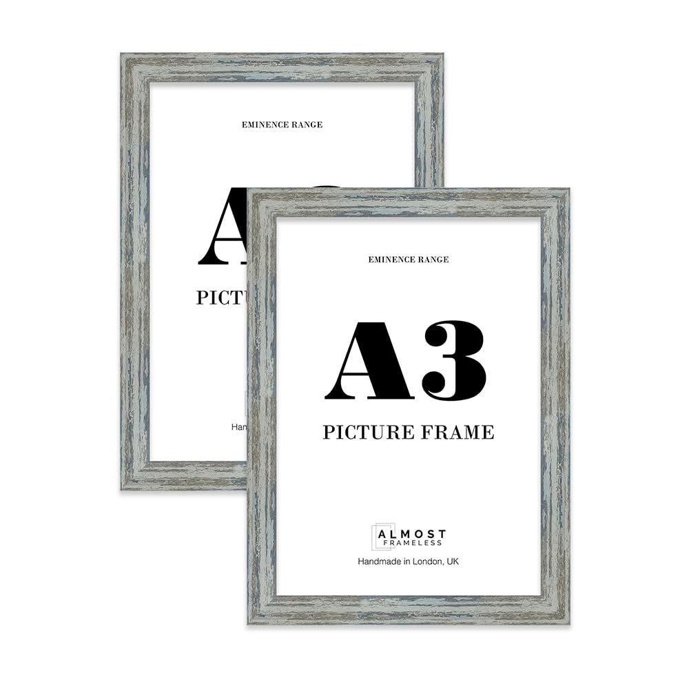 A3 Distressed Blue Picture Frame - Rustic Wood Industrial Effect Photo Frame for Wall Display, Ideal for Posters, Prints & Home Décor, Wall Hooks, 32mm Edge - 2 Pack